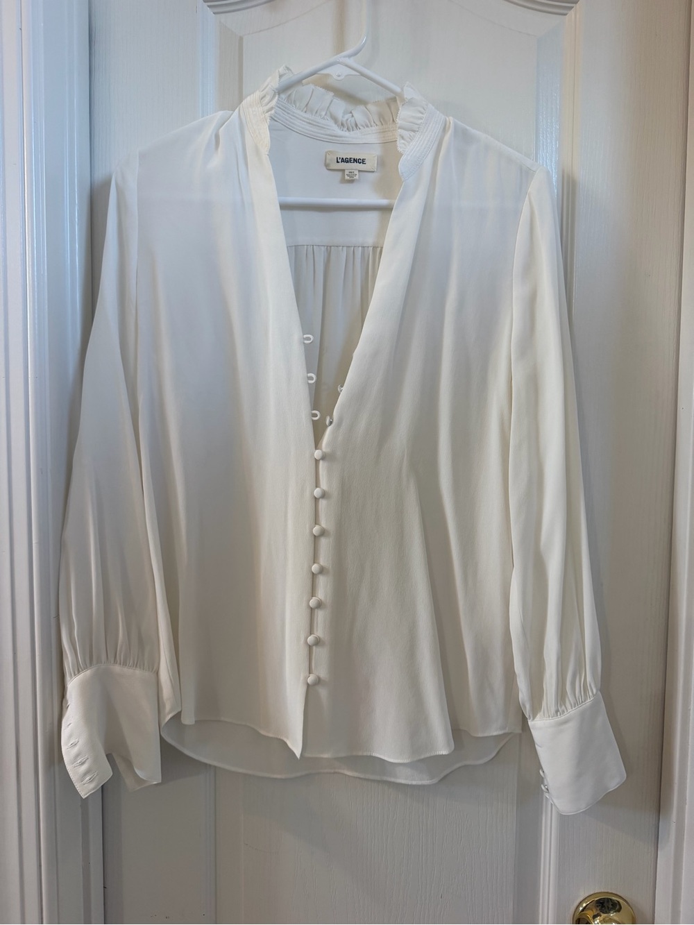 L'AGENCE Cream Ruffled-Neck Silk Blouse